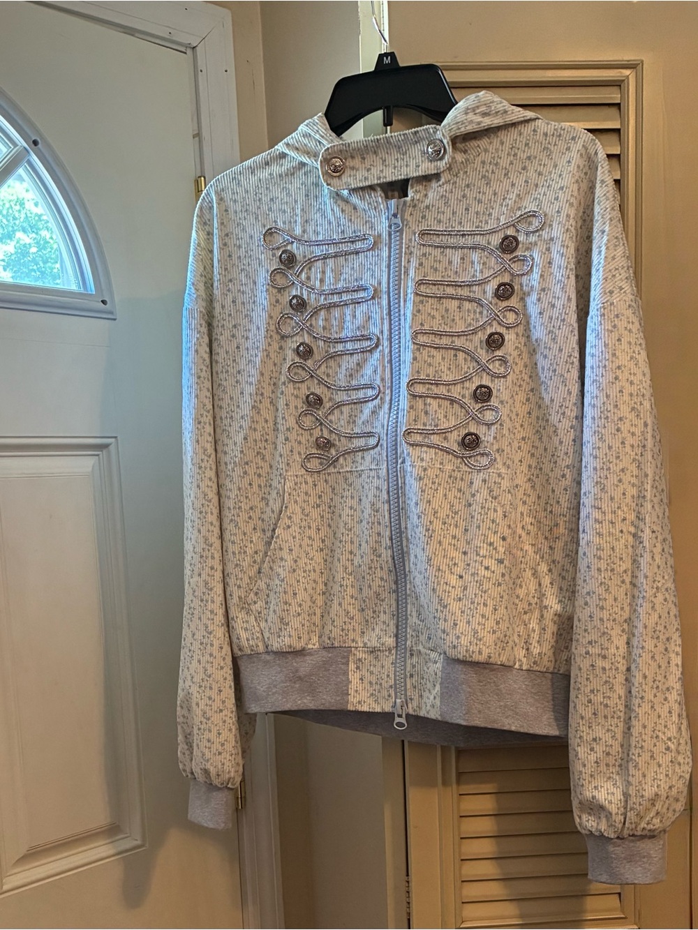 NWT Nit Alcove floral corduroy marching band hooded jacket, cream & blue size  S